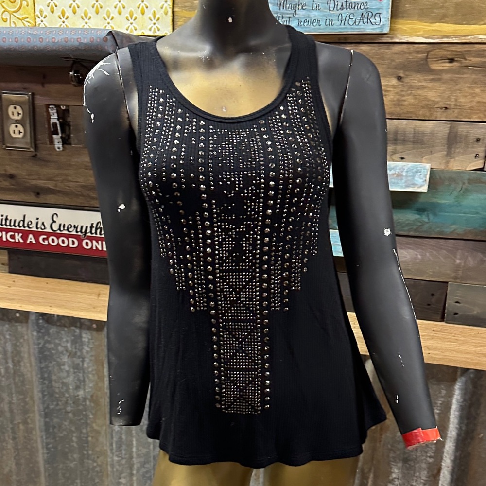 Black Studded Women's Tank Top with Decorative Front
